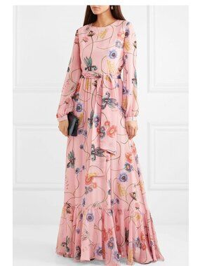 BORGO DE NOR Pink Dianora Vintage Floral Silk Maxi Dress